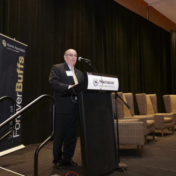 Chancellor Philip P. DiStefano speaks to the crowd during the 4th Annual Aerospace & STEM Summit. Photo by Patrick Campbell.