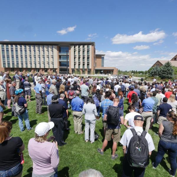 A crowd watches the ribbon-cutting ceremony at the new Aerospace Engineering Sciences Building at CU Boulder. (Photo by Casey A. Cass/CU Boulder)