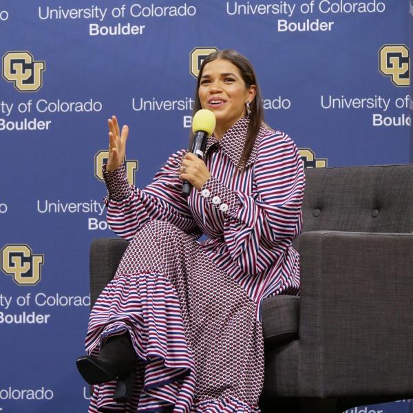 Actress, author and activist America Ferrera speaks at the CU Events Center on Wednesday, Sept. 1, 2021. (Photo by Glenn Asakawa/University of Colorado)
