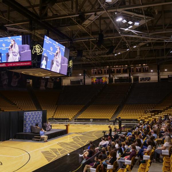 Actress, author and activist America Ferrera speaks at the CU Events Center on Wednesday, Sept. 1, 2021. (Photo by Glenn Asakawa/University of Colorado)