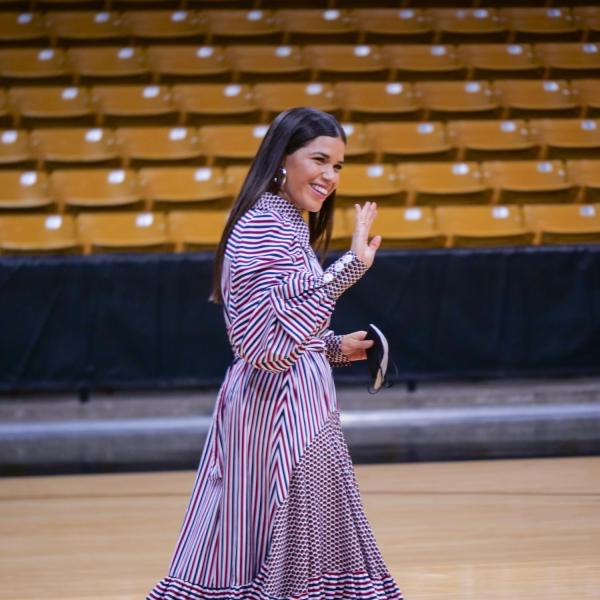 Actress, author and activist America Ferrera speaks at the CU Events Center on Wednesday, Sept. 1, 2021. (Photo by Glenn Asakawa/University of Colorado)