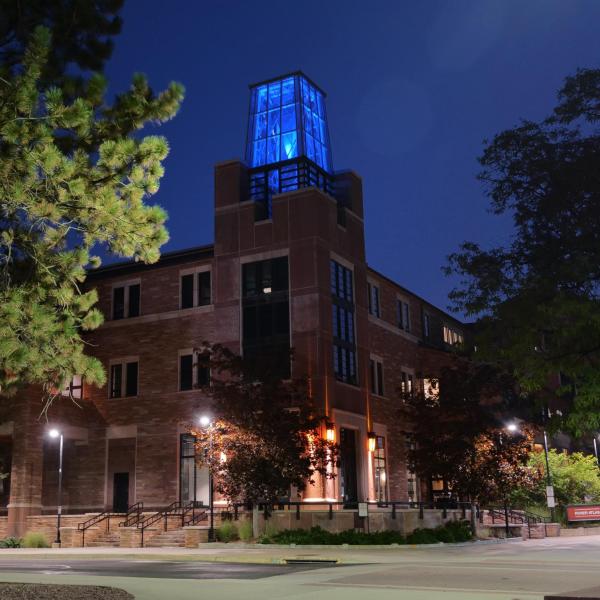 The ATLAS tower shines blue in remembrance (Photo by Casey Cass/University of Colorado)