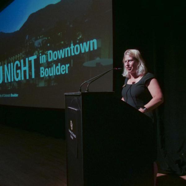 Assistant Vice Chancellor for Local Government and Community Relations Lori Call welcomes attendees to the event