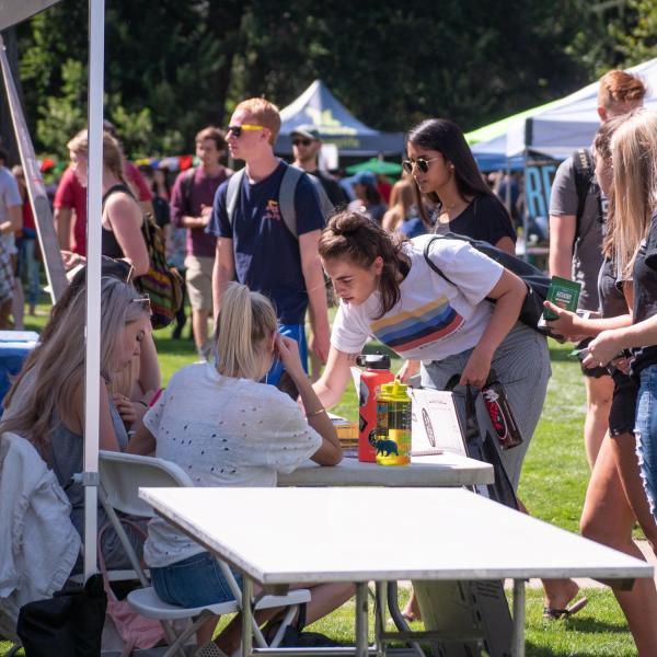Students attend the Be Involved Fair to learn more about the 300+ clubs, organizations and departments that make up the CU Boulder community. (Photo by Patrick Campbell/University of Colorado)