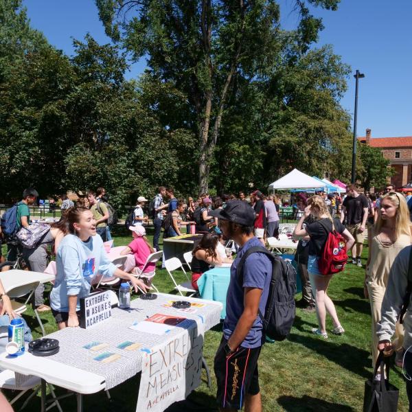 Students attend the Be Involved Fair to learn more about the 300+ clubs, organizations and departments that make up the CU Boulder community. (Photo by Patrick Campbell/University of Colorado)