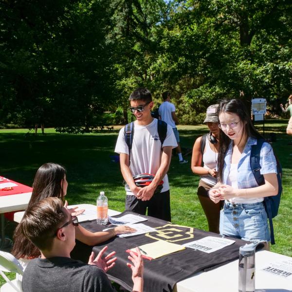 Students attend the Be Involved Fair to learn more about the 300+ clubs, organizations and departments that make up the CU Boulder community. (Photo by Patrick Campbell/University of Colorado)