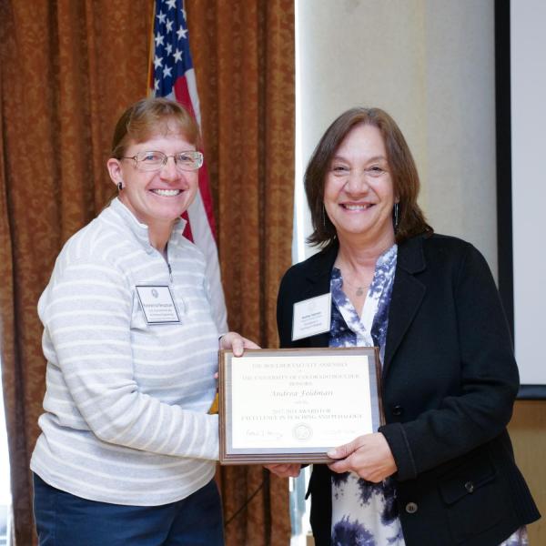 Teaching and Pedagogy Award Selection Committee Chair Roseanna Neupauer and recipient Andrea Feldman