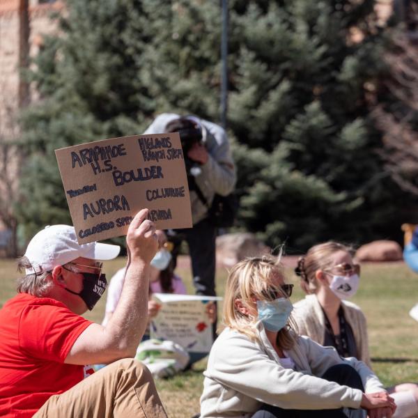 Students Demand Action at the University of Colorado Boulder host a rally on March 30 honoring the victims of the March 22, 2021 mass shooting in Boulder. (Photo by Patrick Campbell/University of Colorado)