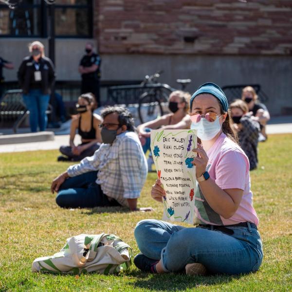 Students Demand Action at the University of Colorado Boulder host a rally on March 30 honoring the victims of the March 22, 2021 mass shooting in Boulder. (Photo by Patrick Campbell/University of Colorado)