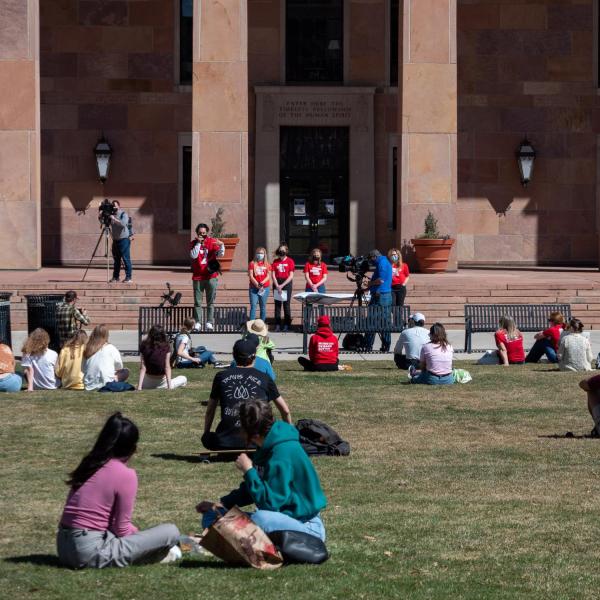 Students Demand Action at the University of Colorado Boulder host a rally on March 30 honoring the victims of the March 22, 2021 mass shooting in Boulder. (Photo by Patrick Campbell/University of Colorado)