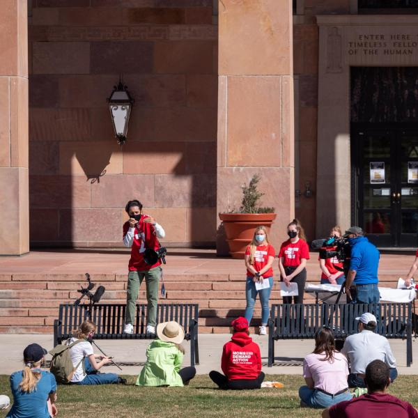 Students Demand Action at the University of Colorado Boulder host a rally on March 30 honoring the victims of the March 22, 2021 mass shooting in Boulder. (Photo by Patrick Campbell/University of Colorado)