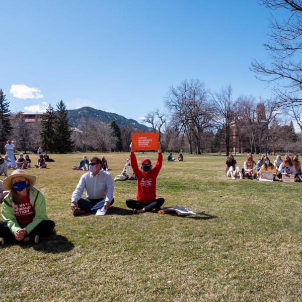 Students Demand Action at the University of Colorado Boulder host a rally on March 30 honoring the victims of the March 22, 2021 mass shooting in Boulder. (Photo by Patrick Campbell/University of Colorado)
