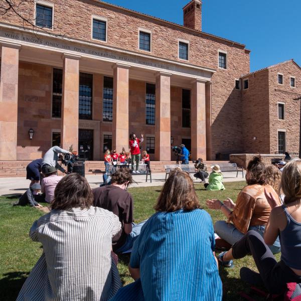 Students Demand Action at the University of Colorado Boulder host a rally on March 30 honoring the victims of the March 22, 2021 mass shooting in Boulder. (Photo by Patrick Campbell/University of Colorado)