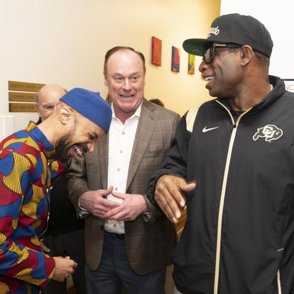 Director Reiland Rabaka, CU Athletic Director Rick George and head football coach Deion Sanders at the CAAAS grand opening. (Casey A. Cass/University of Colorado)