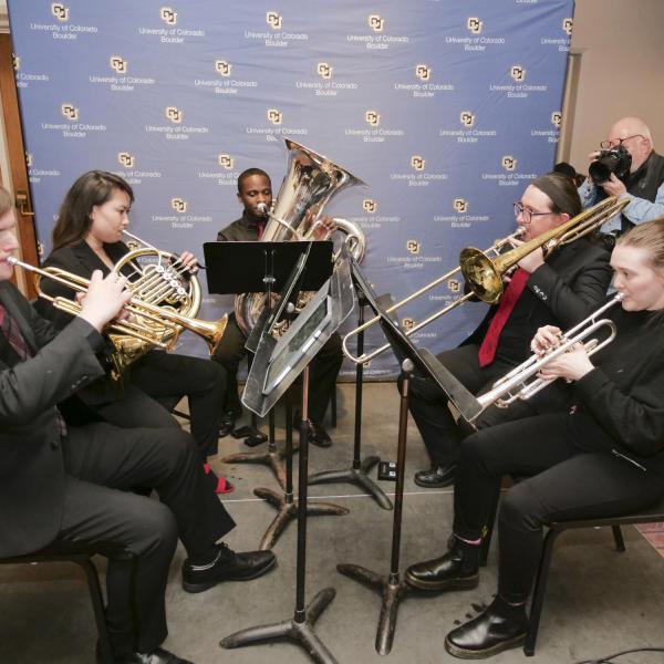 A brass quintent, the Front Range Brass CO, performs at the CAAAS grand opening. (Casey A. Cass/University of Colorado)