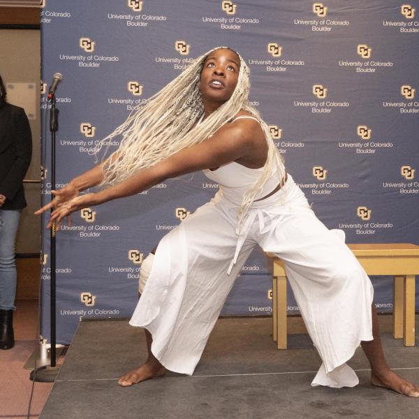Graduate student Jessica Bertram dances at the CAAAS grand opening. (Casey A. Cass/University of Colorado))