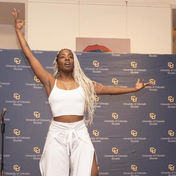 Graduate student Jessica Bertram dances at the CAAAS grand opening. (Casey A. Cass/University of Colorado)