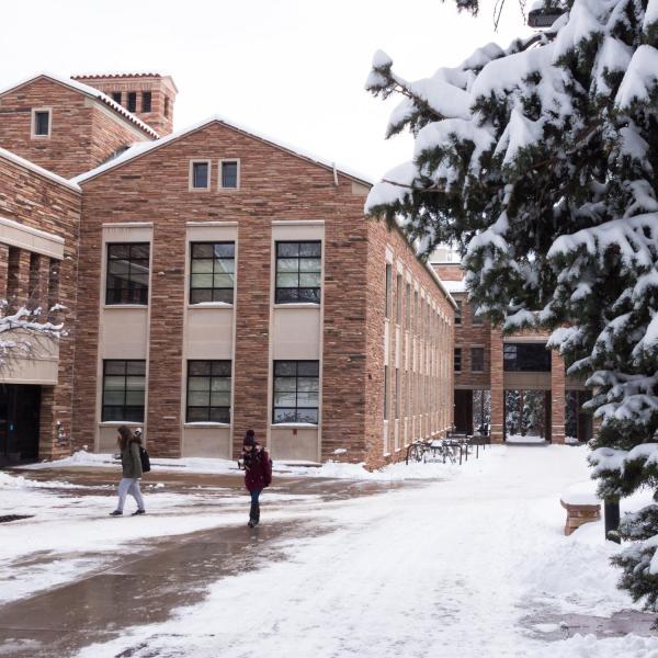 Campus community members trek across a snowy campus on Tuesday, Feb. 20. Photo by Patrick Campbell.