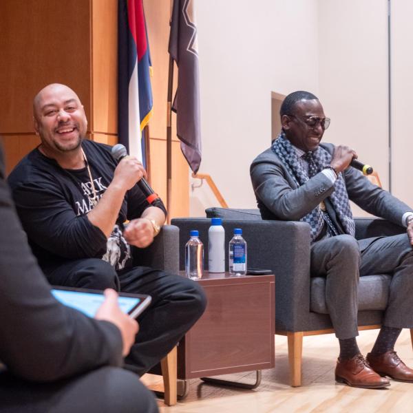 Yusef Salaam, right, and Raymond Santana, two of the five "Exonerated Five" who were wrongly convicted of a brutal attack on a Central Park jogger answered questions during an informal Cultural Events Board talk at the University Memorial Center on March 10. 2020. (Photo by Glenn Asakawa/University of Colorado)