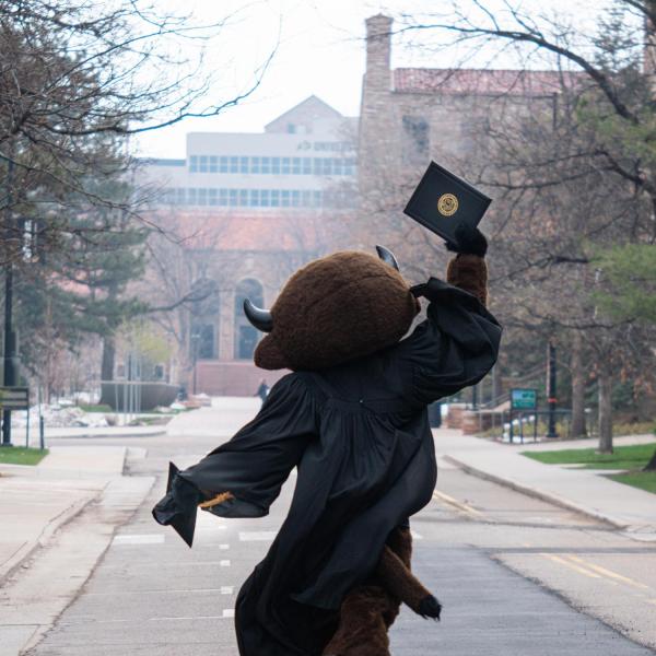 Chip, in regalia, joins others in celebrating 2021’s CU Boulder commencement ceremony. (Photo by Glenn Asakawa/University of Colorado)