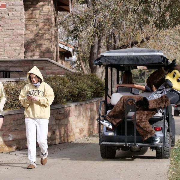 Chip tours the CU Boulder main campus to rally students before the CU’s season-opening football game against UCLA on Saturday, Nov. 7, 2020. (Photo by Casey A. Cass/University of Colorado)
