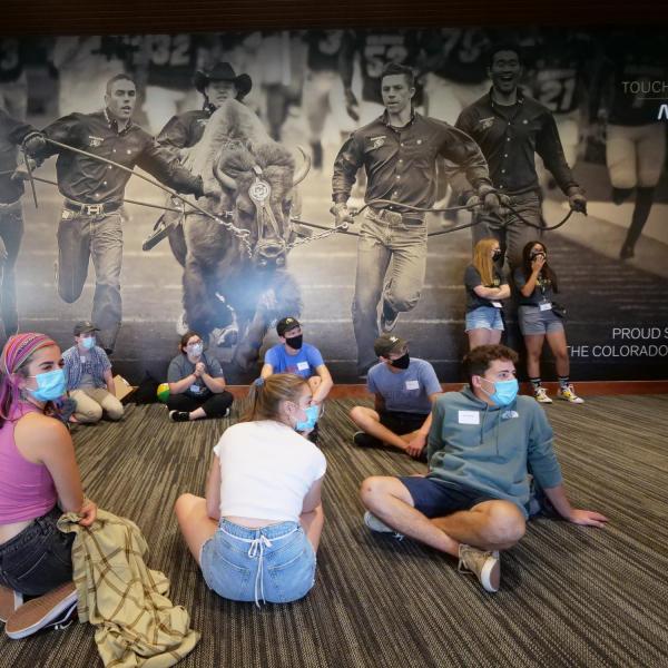 Students from the College of Media, Communication and Information gather for orientation as part of Fall Welcome activities. (Photo by Glenn Asakawa/University of Colorado)