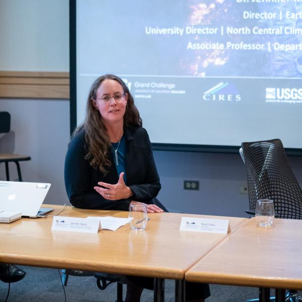 CIRES Fellow Jennifer Balch discusses her research on understanding how people are shifting fire regimes and the consequences. (Photo by Patrick Campbell/University of Colorado)