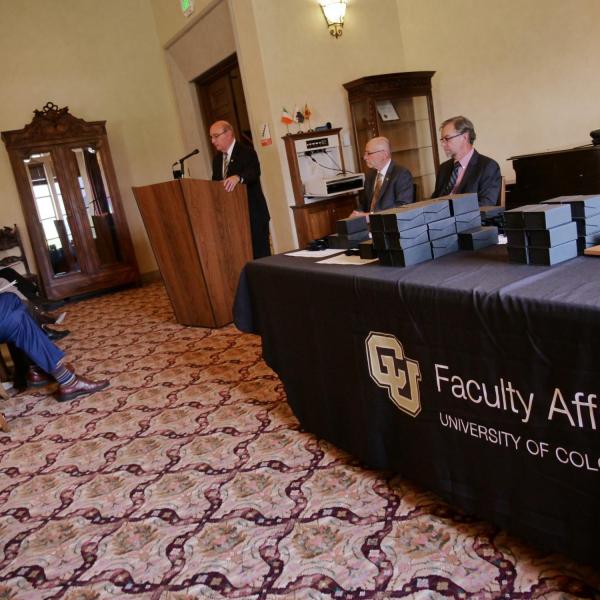 Chancellor Philip DiStefano address the audience during the 12th Annual Convocation Awards and Presentations Celebrating Faculty Achievements. (Photo by Casey A. Cass/University of Colorado)
