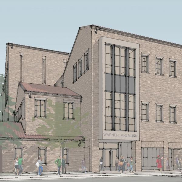 Rendering of the northwest entry of Imig Music with new addition.