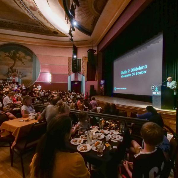 CU Boulder Chancellor Phil DiStefano speaks at the CU Night in Downtown Boulder event at Boulder Theater
