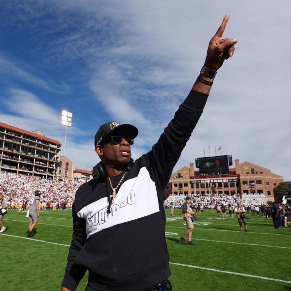 Deion “Coach Prime” Sanders addresses the crowd before the CU vs. USC football game