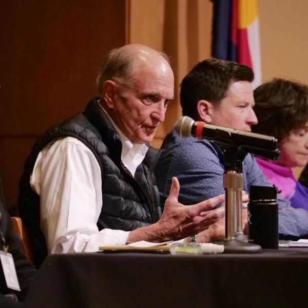 Panelist David Orr speaks during the Democracy in Hotter Times panel. (Casey A. Cass/University of Colorado)
