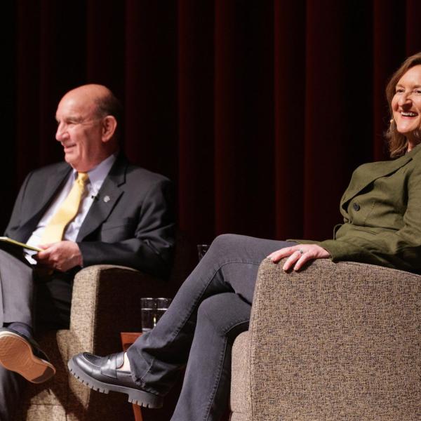 Chancellor Philip DiStefano introduces Rose Marcario, former CEO of Patagonia. (Glenn J. Asakawa/University of Colorado)