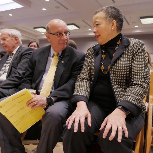 Chancellor Philip DiStefano visits with keynote speaker Beverly Tatum during the Diversity and Inclusion Summit. Photo by Casey A. Cass.