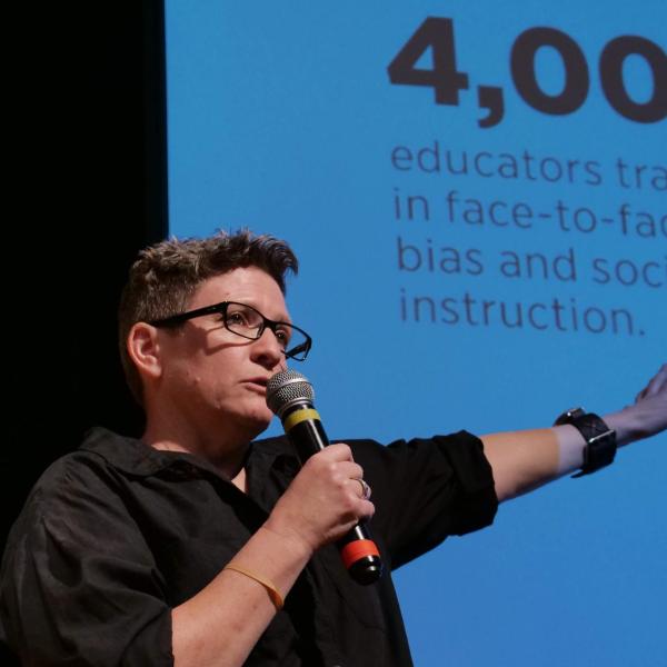 Dr. Evelyn Schlatter, CU Boulder alumnus with the Southern Poverty Law Center, gives the plenary address at the 2019 Diversity and Inclusion Summit at CU Boulder. (Photo by Casey A. Cass/University of Colorado)