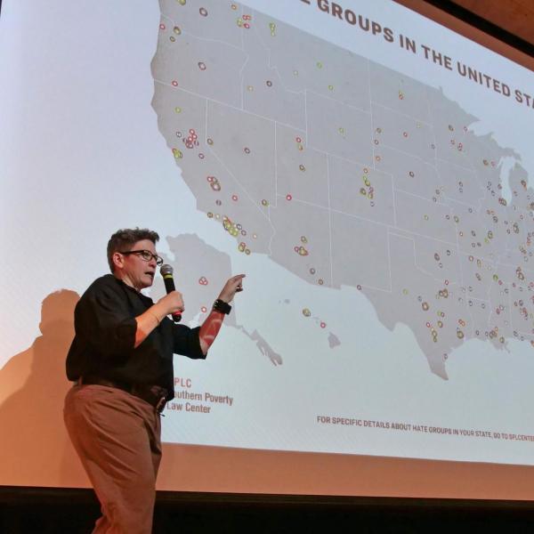 Dr. Evelyn Schlatter, CU Boulder alumnus with the Southern Poverty Law Center, gives the plenary address at the 2019 Diversity and Inclusion Summit at CU Boulder. (Photo by Casey A. Cass/University of Colorado)