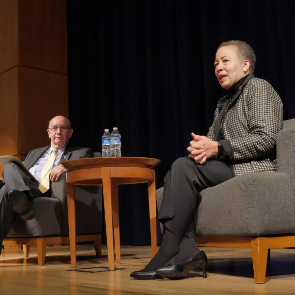 Keynote speaker Beverly Tatum answers a question from Chancellor Philip DiStefano during the Diversity and Inclusion Summit. Photo by Casey A. Cass.