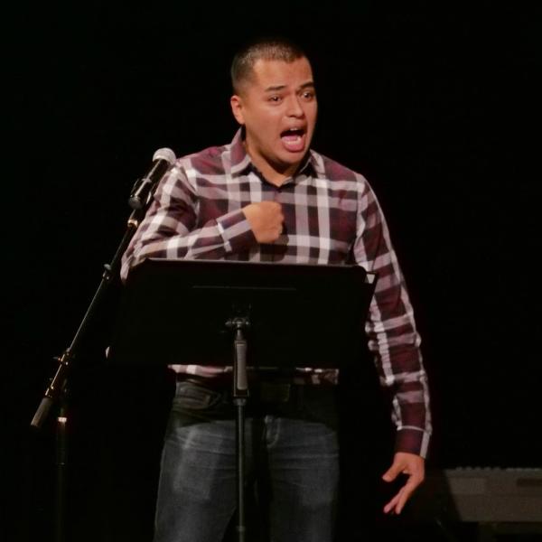 A performer presents a monologue during the MOTUS Theater UndocuAmerica; Monologues performance at the 2019 Diversity and Inclusion Summit at CU Boulder. (Photo by Casey A. Cass/University of Colorado)