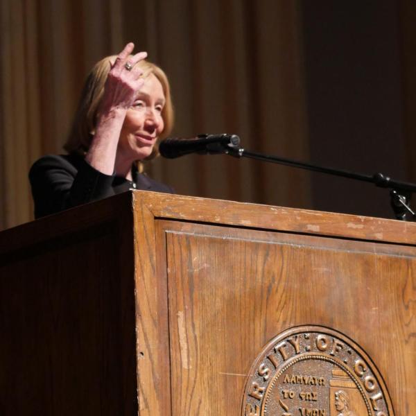 Presidential historian and Pulitzer Prize-winner Doris Kearns Goodwin addresses the crowd during the Leo Hill Leadership Speaker Series in Macky Auditorium at CU Boulder. (Photo by Casey A. Cass/University of Colorado)