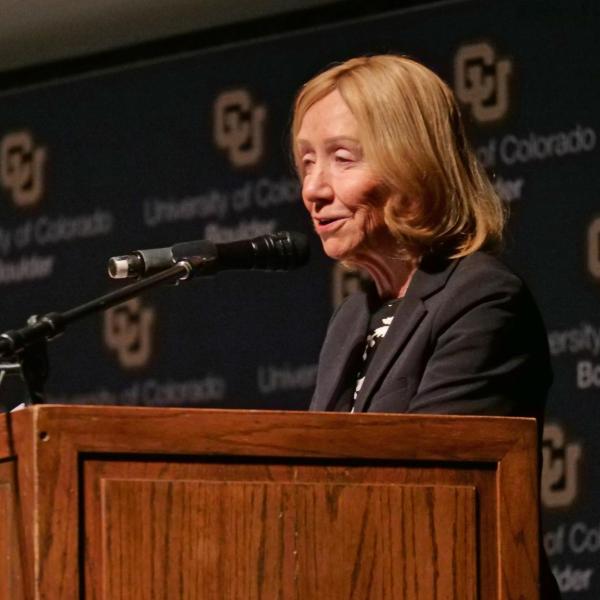 Presidential historian and Pulitzer Prize-winner Doris Kearns Goodwin addresses the crowd during the Leo Hill Leadership Speaker Series in Macky Auditorium at CU Boulder. (Photo by Casey A. Cass/University of Colorado)