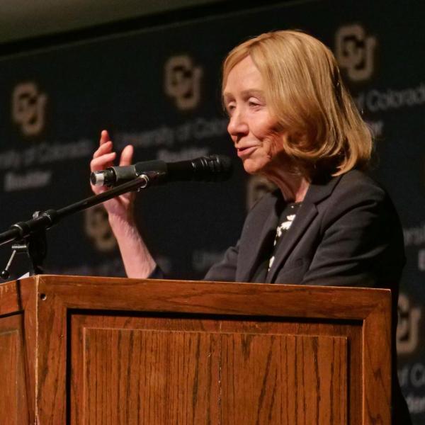 Presidential historian and Pulitzer Prize-winner Doris Kearns Goodwin addresses the crowd during the Leo Hill Leadership Speaker Series in Macky Auditorium at CU Boulder. (Photo by Casey A. Cass/University of Colorado)