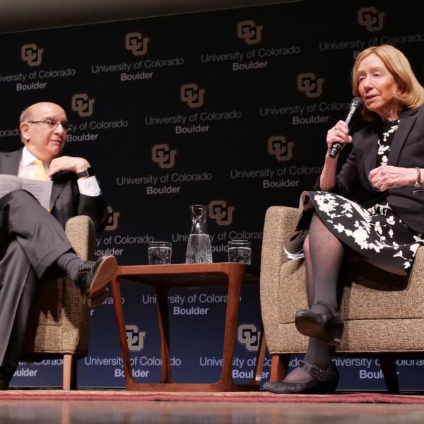 Presidential historian and Pulitzer Prize-winner Doris Kearns Goodwin answers Chancellor Phillip DiStefano’s questions during the Leo Hill Leadership Speaker Series in Macky Auditorium at CU Boulder. (Photo by Casey A. Cass/University of Colorado)