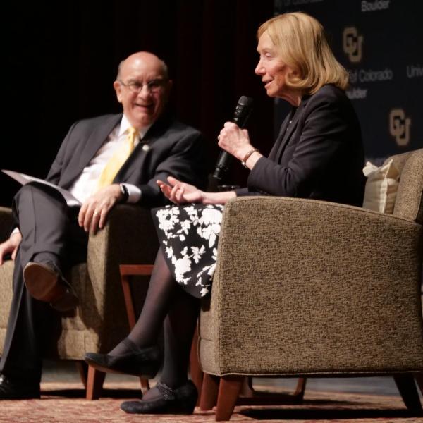 Presidential historian and Pulitzer Prize-winner Doris Kearns Goodwin answers Chancellor Phillip DiStefano’s questions during the Leo Hill Leadership Speaker Series in Macky Auditorium at CU Boulder. (Photo by Casey A. Cass/University of Colorado)