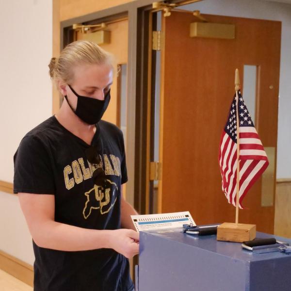 Owen Arnold, a junior media production student from Chicago, votes at a polling place in the University Memorial Center at CU Boulder. (Photo by Casey A. Cass/University of Colorado)