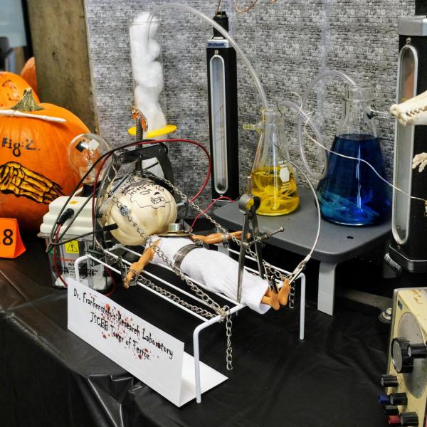 An elaborate display of 'mad science' was entered in the annual engineering college pumpkin carving contest. Photo by Glenn Asakawa.