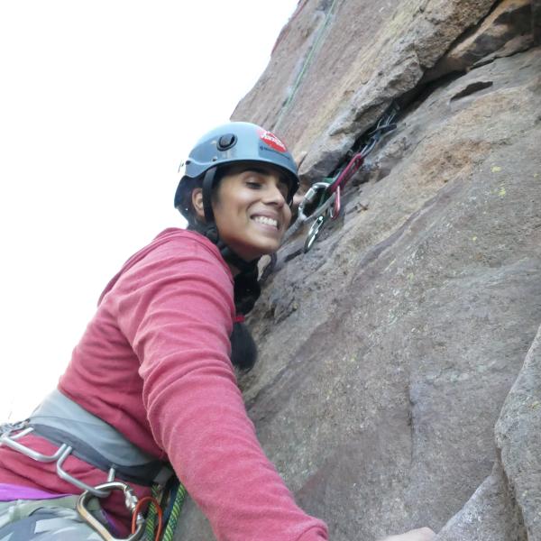 University of Colorado senior psychology major Esha Mehta rock climbing in Eldorado Canyon near Boulder. Mehta is a blind competitive rock climber.