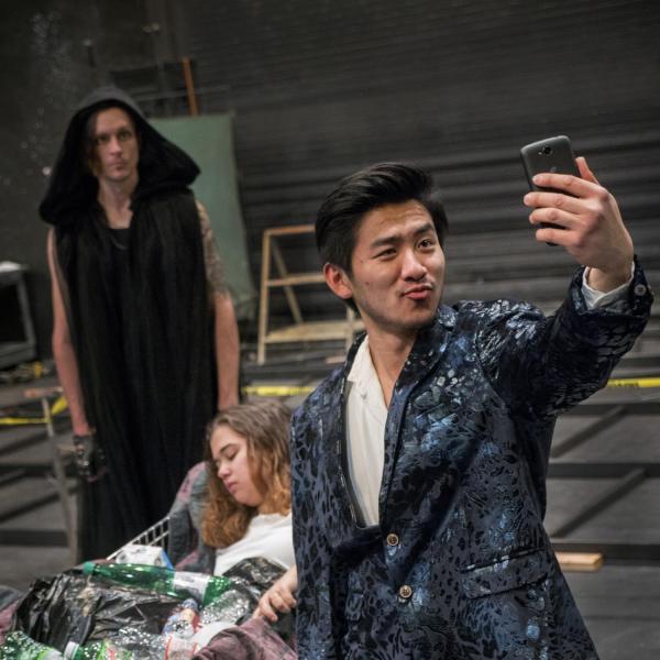 Student actors pose for a publicity still for the CU Theatre & Dance production of “Everyman.” Photo by Glenn Asakawa.