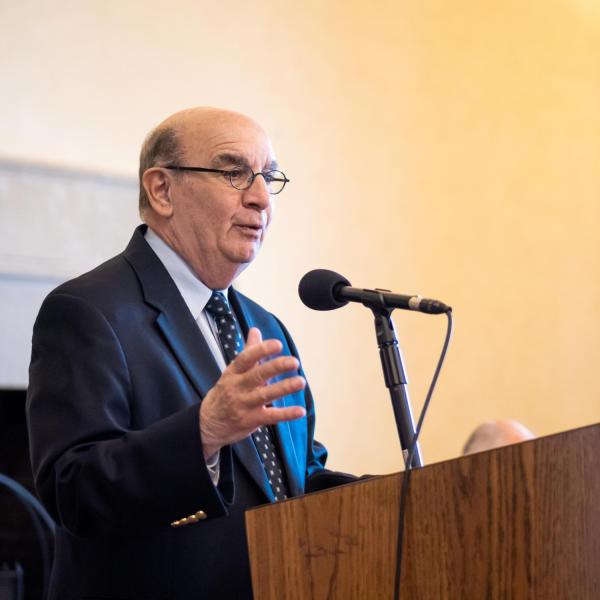 Chancellor Philip P. DiStefano talks during the 2019 fall convocation celebrating faculty. (Photo by Patrick Campbell/University of Colorado)