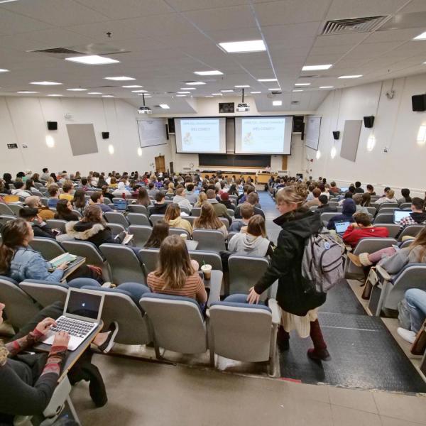 A class in CHEM 140 on the first day of classes for spring 2020 at CU Boulder. (Photo by Casey A. Cass/University of Colorado)