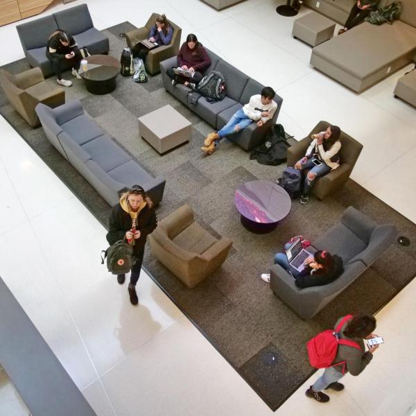 A group of students relax in the Center for Academic Success and Engagement on the first day of classes for spring 2020 at CU Boulder. (Photo by Casey A. Cass/University of Colorado)
